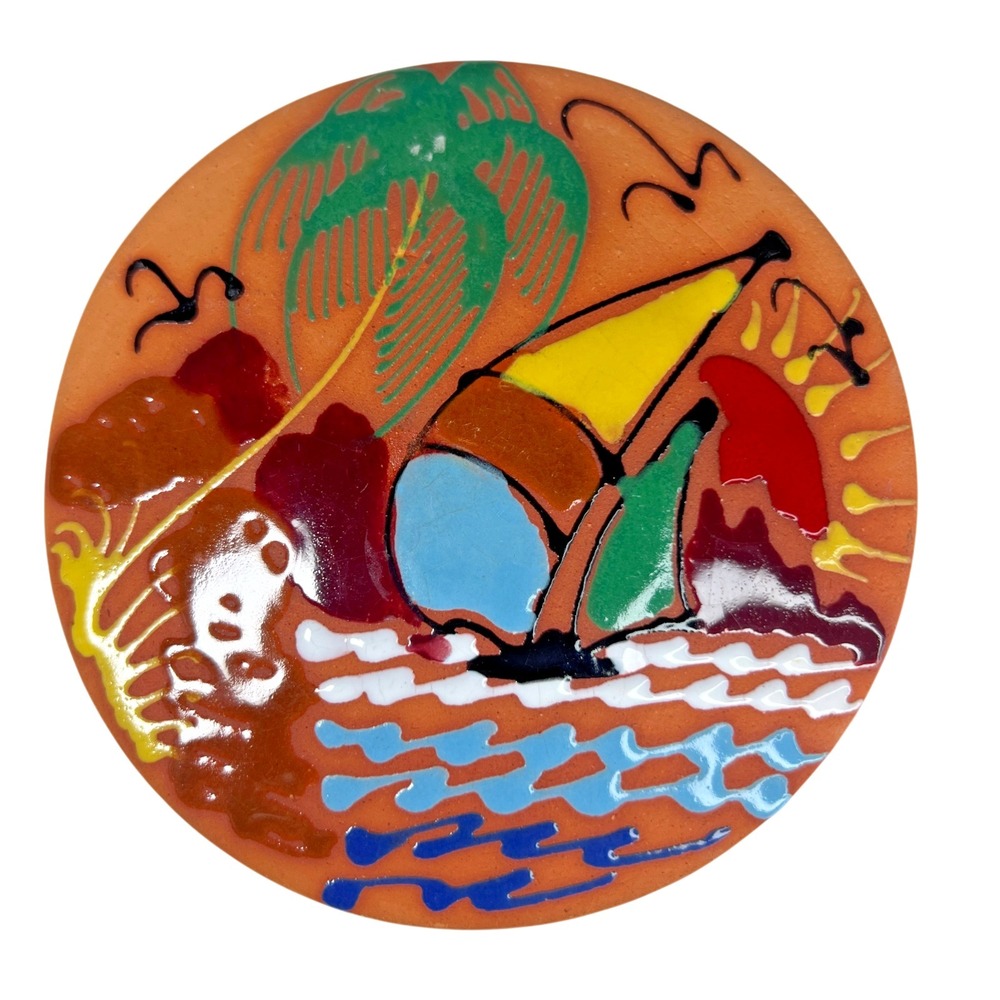 Dominican Republic Pottery Trinket Box Sailboat TropicalHand Painted Colorful 4"